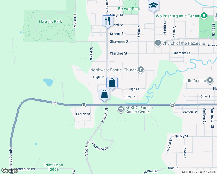map of restaurants, bars, coffee shops, grocery stores, and more near 717 South 20th Street in Leavenworth
