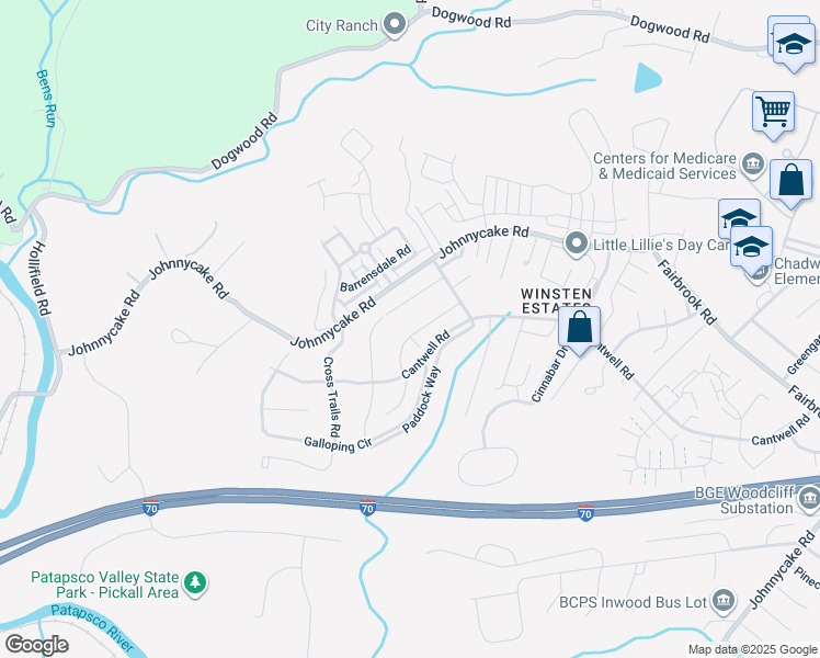 map of restaurants, bars, coffee shops, grocery stores, and more near 2200 Riding Crop Way in Woodlawn