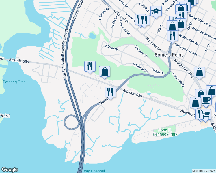 map of restaurants, bars, coffee shops, grocery stores, and more near 26 Mays Landing Road in Somers Point