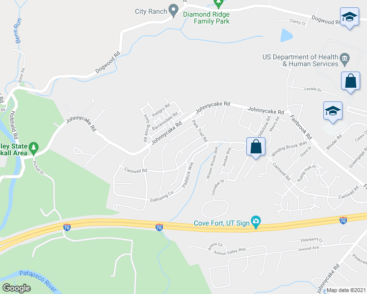 map of restaurants, bars, coffee shops, grocery stores, and more near 2124 Riding Crop Way in Woodlawn