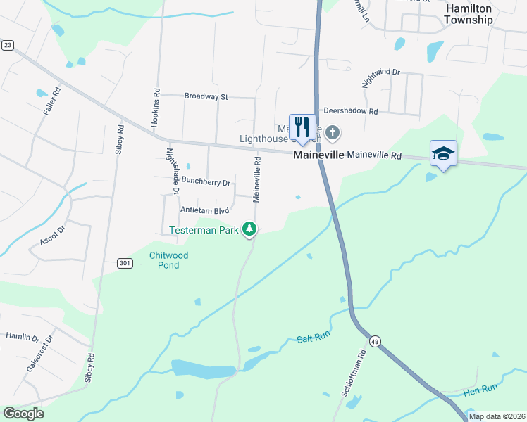 map of restaurants, bars, coffee shops, grocery stores, and more near 8396 Maineville Road in Maineville