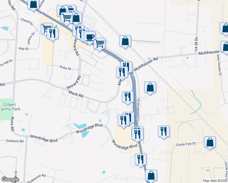 map of restaurants, bars, coffee shops, grocery stores, and more near 3900 Mack Road in Fairfield
