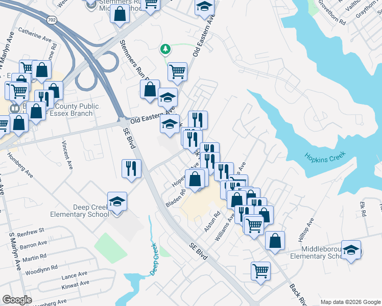 map of restaurants, bars, coffee shops, grocery stores, and more near 100 Back River Neck Road in Essex