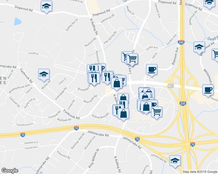 map of restaurants, bars, coffee shops, grocery stores, and more near 7091 Security Boulevard in Woodlawn