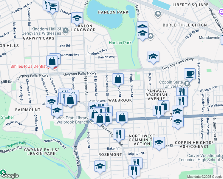 map of restaurants, bars, coffee shops, grocery stores, and more near 3030 Windsor Avenue in Baltimore