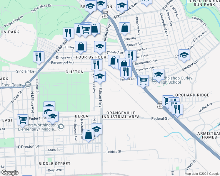 map of restaurants, bars, coffee shops, grocery stores, and more near East North Avenue in Baltimore