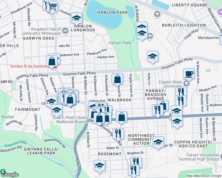 map of restaurants, bars, coffee shops, grocery stores, and more near 3030 Windsor Avenue in Baltimore