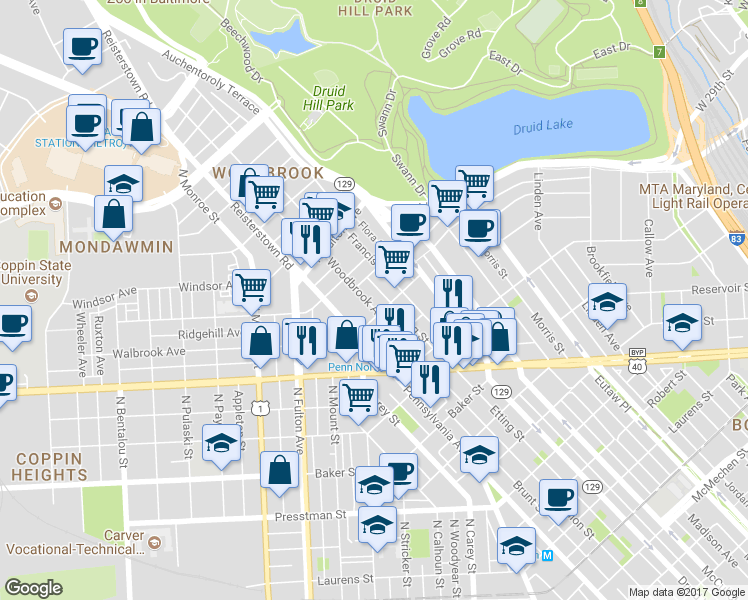 map of restaurants, bars, coffee shops, grocery stores, and more near 2505 Woodbrook Avenue in Baltimore