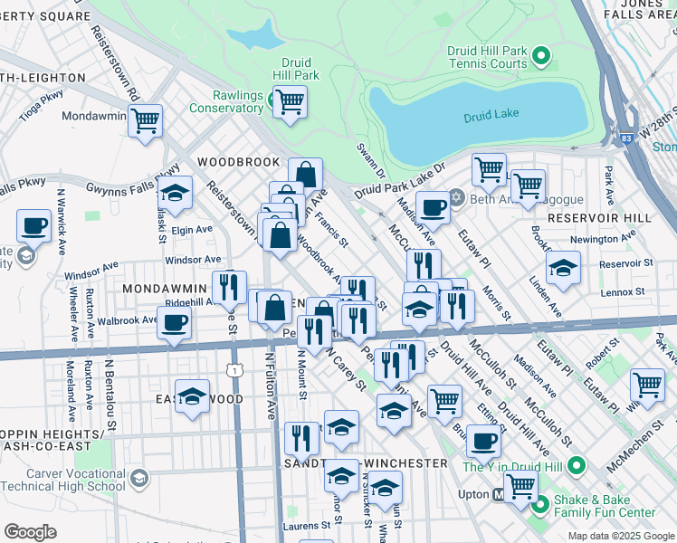 map of restaurants, bars, coffee shops, grocery stores, and more near 2505 Woodbrook Avenue in Baltimore