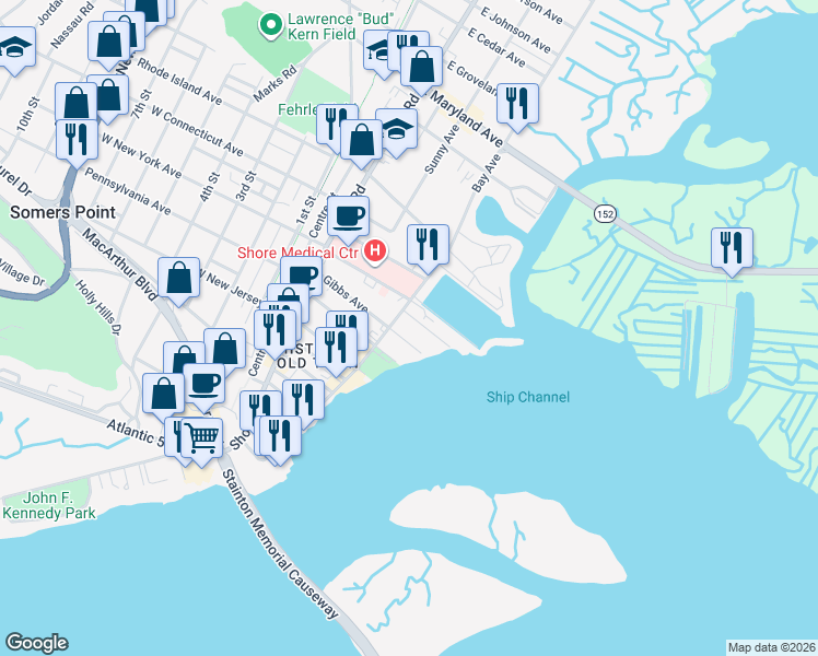map of restaurants, bars, coffee shops, grocery stores, and more near 198 Higbee Avenue in Somers Point