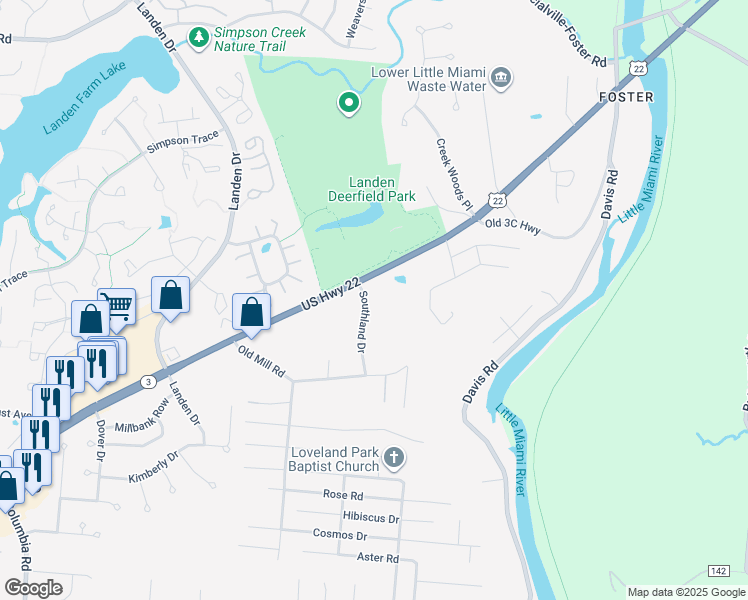 map of restaurants, bars, coffee shops, grocery stores, and more near 8470 Southland Drive in Maineville