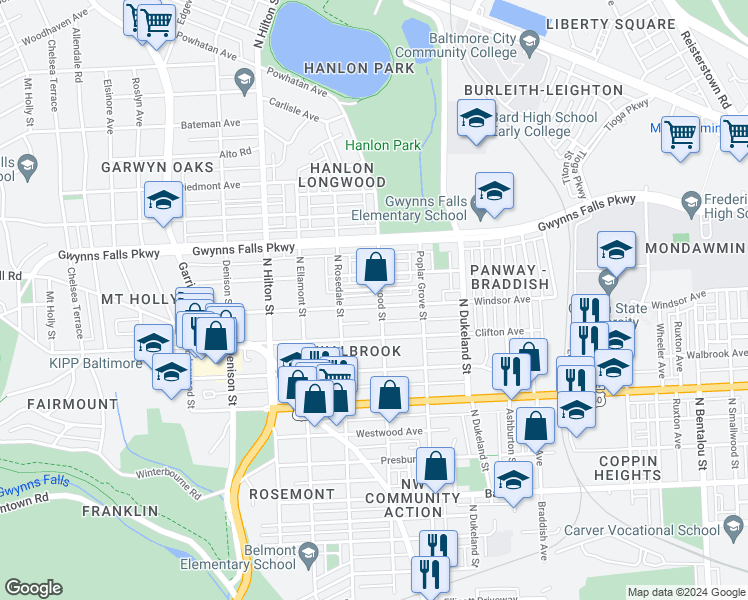 map of restaurants, bars, coffee shops, grocery stores, and more near 3006 Windsor Avenue in Baltimore