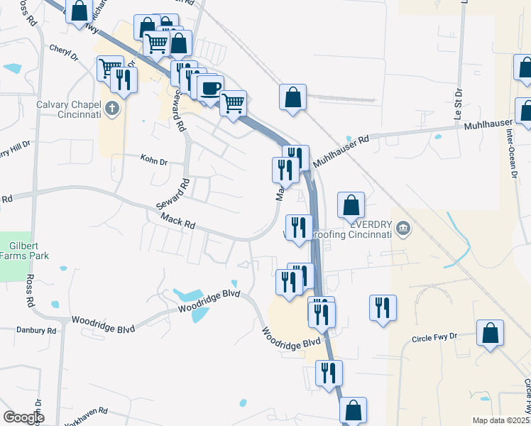 map of restaurants, bars, coffee shops, grocery stores, and more near 3900 Mack Road in Fairfield