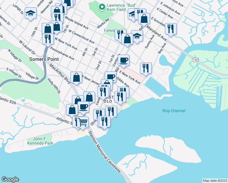 map of restaurants, bars, coffee shops, grocery stores, and more near 11 East New Jersey Avenue in Somers Point