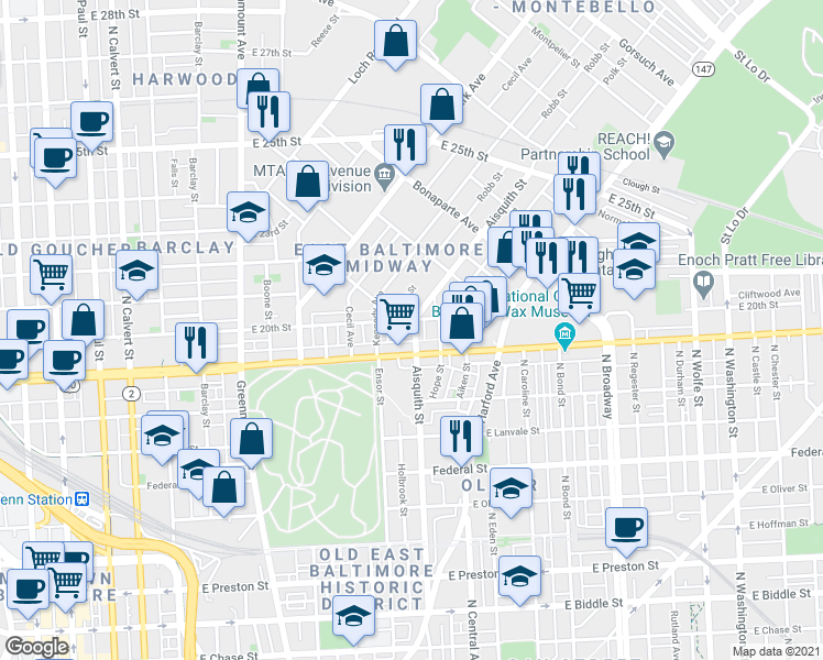 map of restaurants, bars, coffee shops, grocery stores, and more near 1918 Aisquith Street in Baltimore