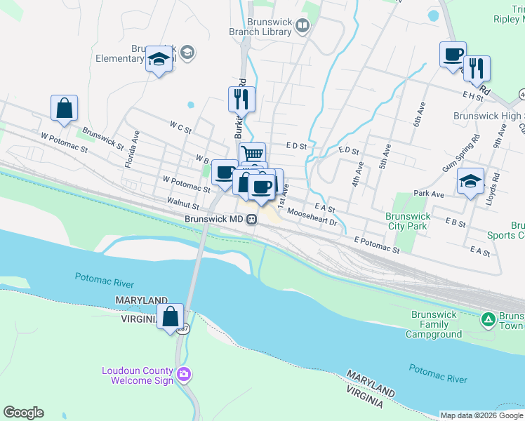 map of restaurants, bars, coffee shops, grocery stores, and more near 12 South Maple Avenue in Brunswick
