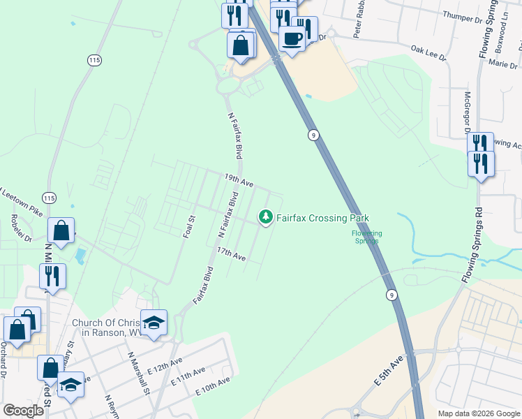 map of restaurants, bars, coffee shops, grocery stores, and more near 1327 Steed Street in Ranson
