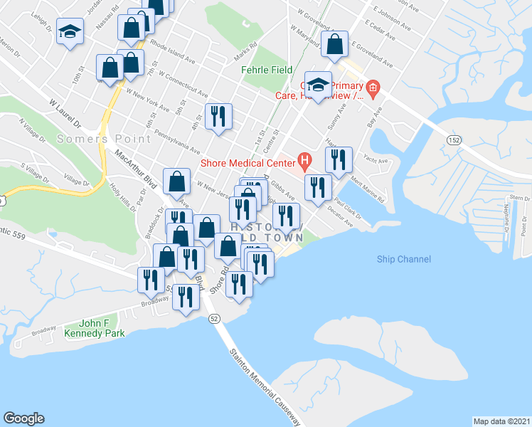map of restaurants, bars, coffee shops, grocery stores, and more near 11 East New Jersey Avenue in Somers Point