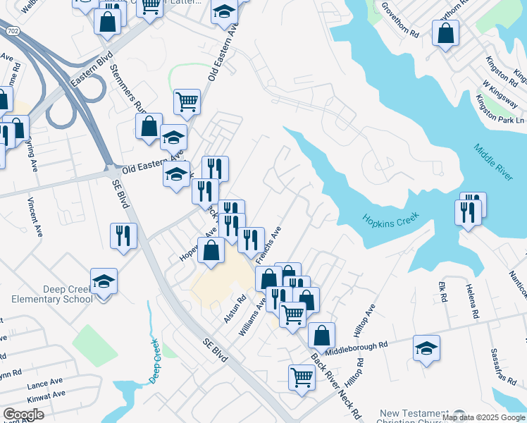 map of restaurants, bars, coffee shops, grocery stores, and more near 1623 Howard Avenue in Essex