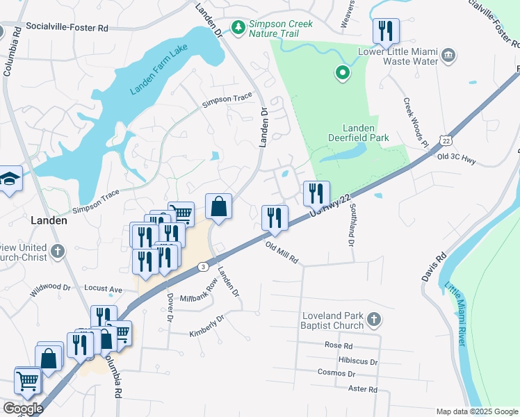 map of restaurants, bars, coffee shops, grocery stores, and more near 8551 Island Pines Drive in Maineville