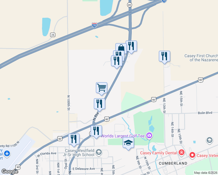 map of restaurants, bars, coffee shops, grocery stores, and more near 11284-11510 State Highway 49 in Casey