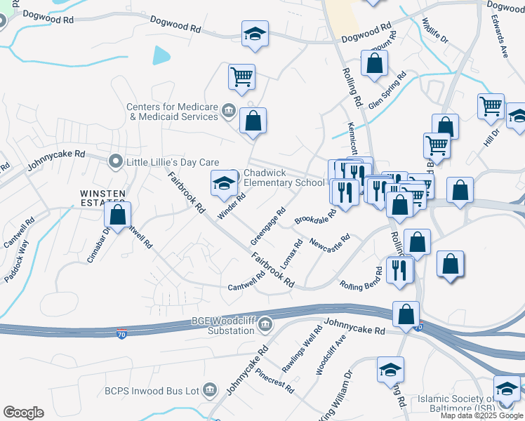 map of restaurants, bars, coffee shops, grocery stores, and more near 1905 Calais Court in Woodlawn