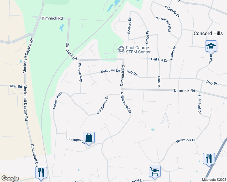 map of restaurants, bars, coffee shops, grocery stores, and more near 6831 Old Station Drive in Butler County