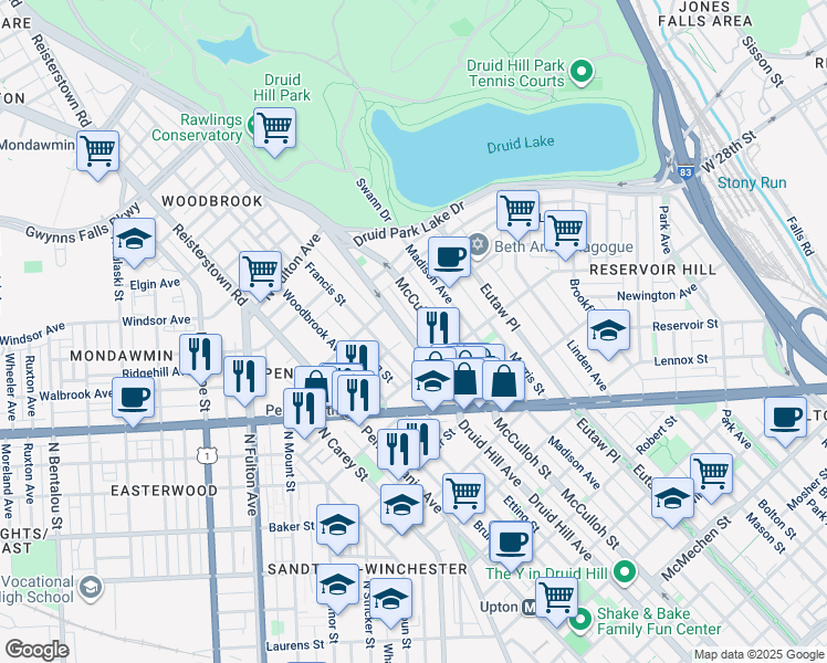 map of restaurants, bars, coffee shops, grocery stores, and more near 2459 Druid Hill Avenue in Baltimore