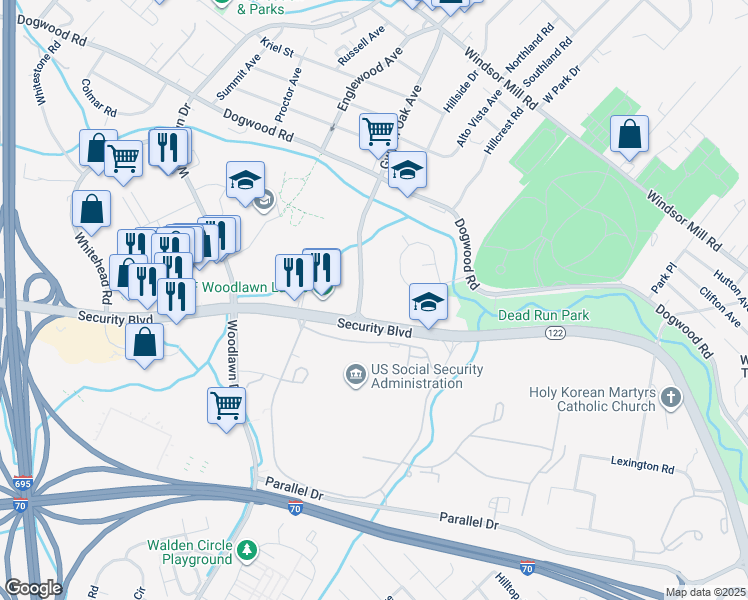 map of restaurants, bars, coffee shops, grocery stores, and more near 6340 Security Boulevard in Woodlawn