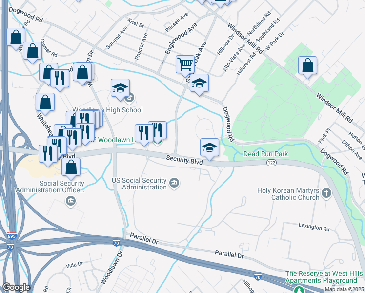 map of restaurants, bars, coffee shops, grocery stores, and more near 6340 Security Boulevard in Woodlawn