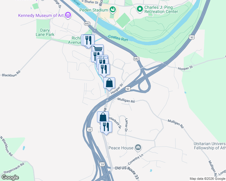 map of restaurants, bars, coffee shops, grocery stores, and more near 3 Hooper Street in Athens