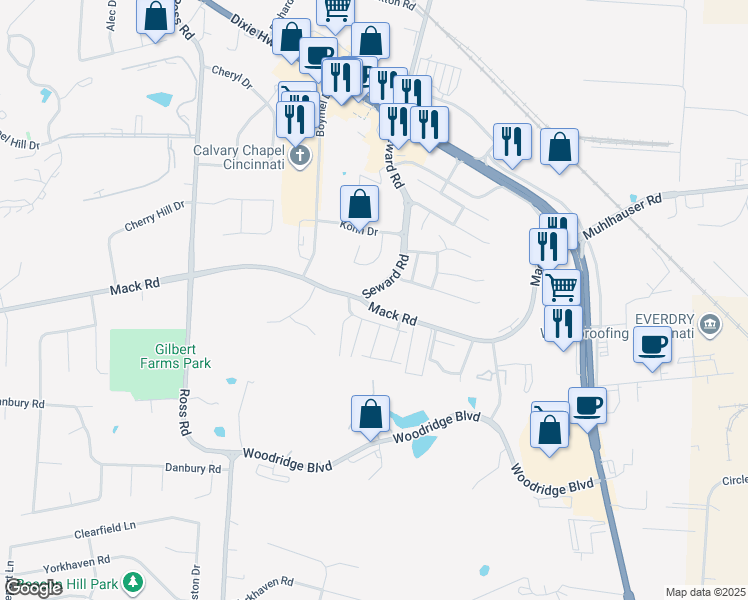 map of restaurants, bars, coffee shops, grocery stores, and more near 3727 Mack Road in Fairfield
