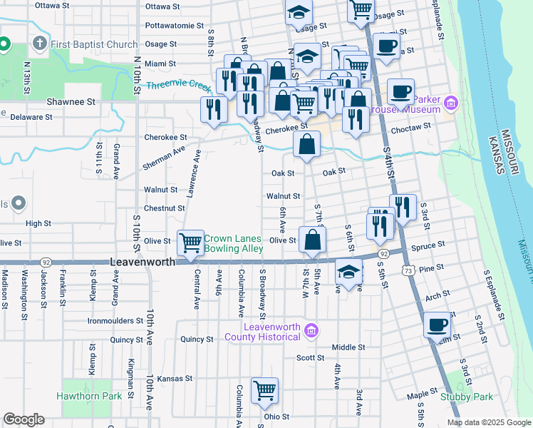 map of restaurants, bars, coffee shops, grocery stores, and more near 743 Chestnut Street in Leavenworth