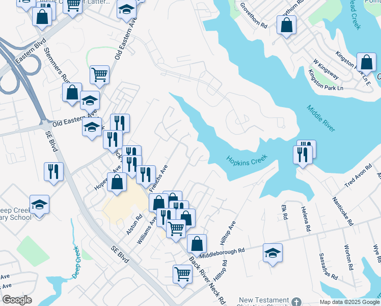 map of restaurants, bars, coffee shops, grocery stores, and more near 6 Ebbing Court in Essex