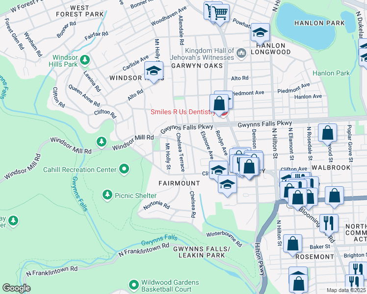 map of restaurants, bars, coffee shops, grocery stores, and more near 2159 Chelsea Terrace in Baltimore