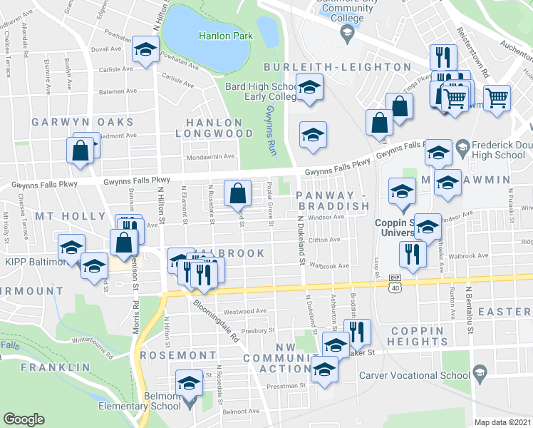 map of restaurants, bars, coffee shops, grocery stores, and more near 2208 Poplar Grove Street in Baltimore