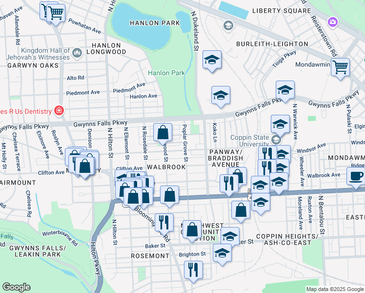 map of restaurants, bars, coffee shops, grocery stores, and more near 2208 Poplar Grove Street in Baltimore