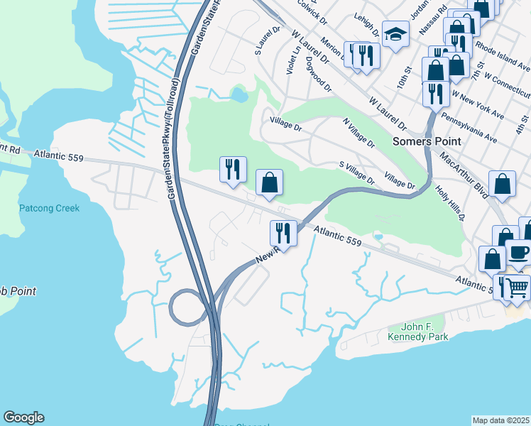 map of restaurants, bars, coffee shops, grocery stores, and more near 26 Mays Landing Road in Somers Point