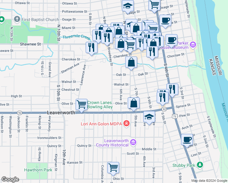 map of restaurants, bars, coffee shops, grocery stores, and more near 619 South Broadway Street in Leavenworth