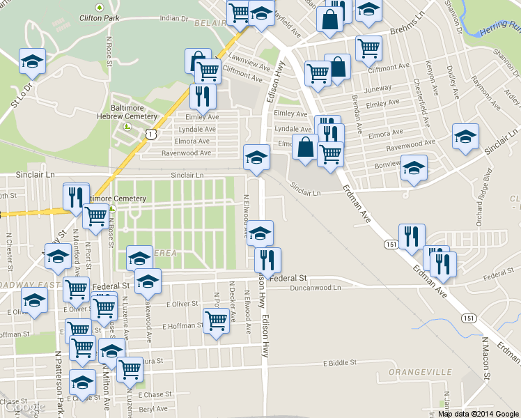 map of restaurants, bars, coffee shops, grocery stores, and more near 1808 Edison Hwy in Baltimore