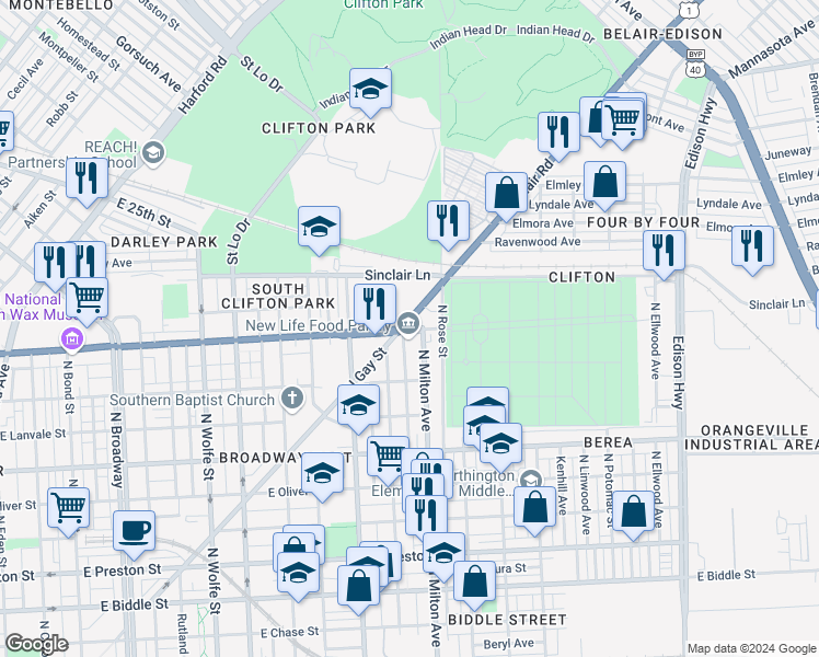 map of restaurants, bars, coffee shops, grocery stores, and more near 2417 East North Avenue in Baltimore