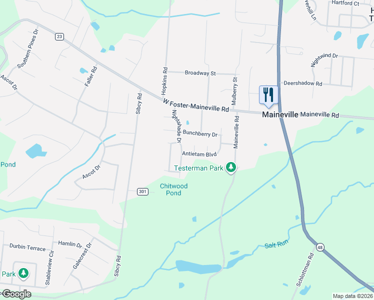 map of restaurants, bars, coffee shops, grocery stores, and more near 542 Antietam Boulevard in Maineville