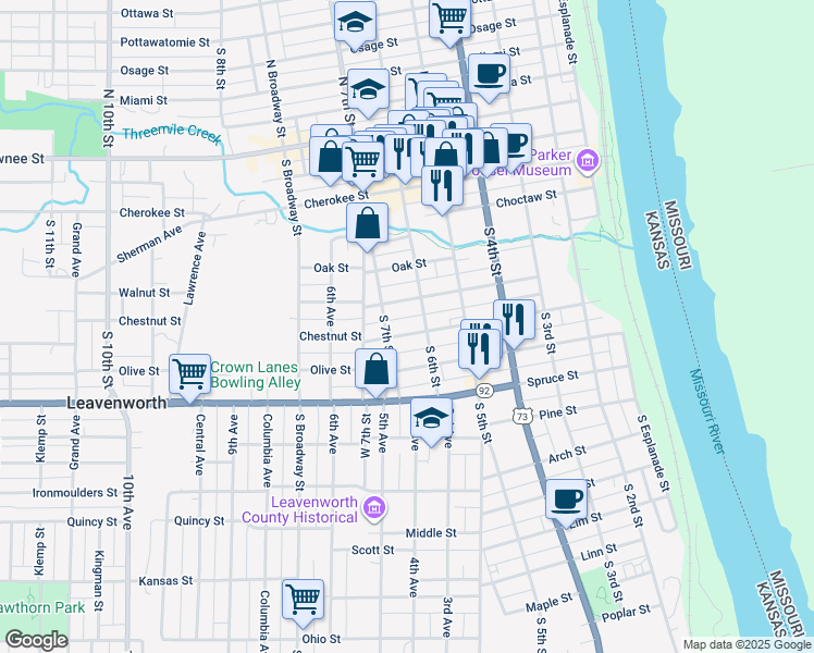 map of restaurants, bars, coffee shops, grocery stores, and more near 711 South 7th Street in Leavenworth