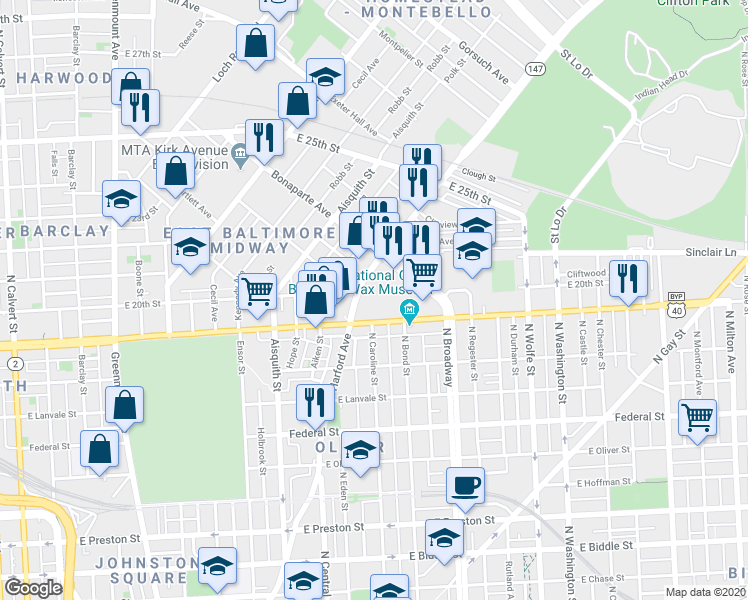 map of restaurants, bars, coffee shops, grocery stores, and more near 1426 East North Avenue in Baltimore