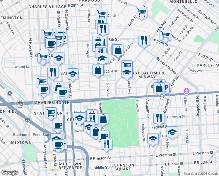 map of restaurants, bars, coffee shops, grocery stores, and more near 704 East 20th Street in Baltimore