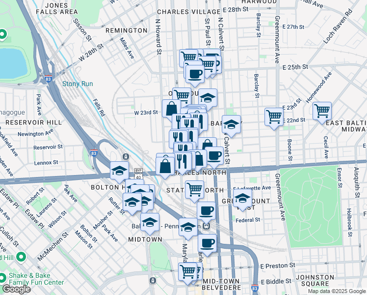 map of restaurants, bars, coffee shops, grocery stores, and more near 2019 Maryland Avenue in Baltimore