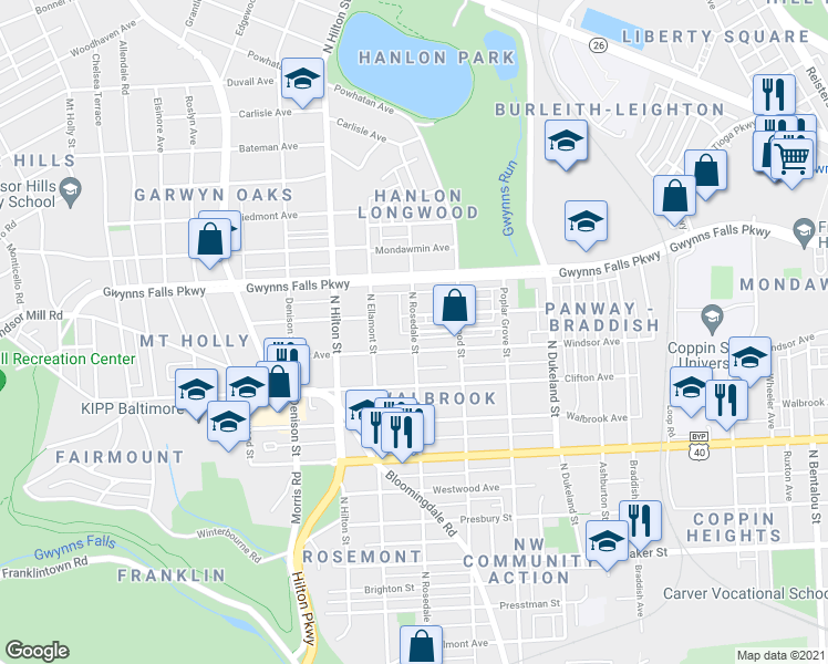 map of restaurants, bars, coffee shops, grocery stores, and more near N Rosedale St & Poplar Terrace in Baltimore