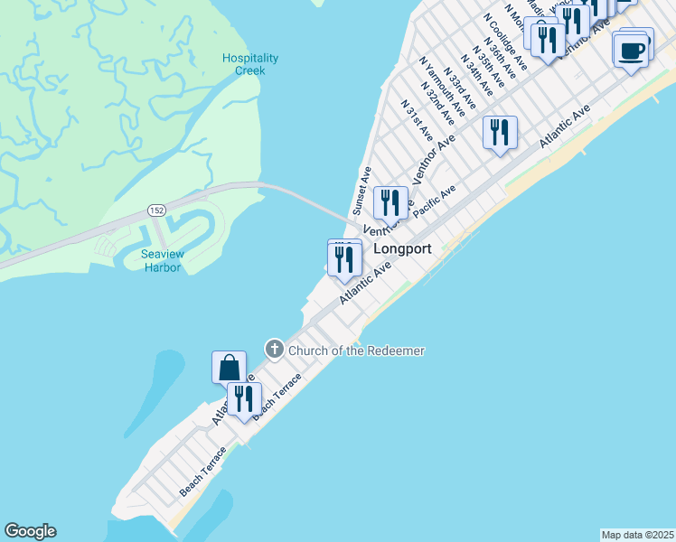 map of restaurants, bars, coffee shops, grocery stores, and more near 4 North 26th Avenue in Longport