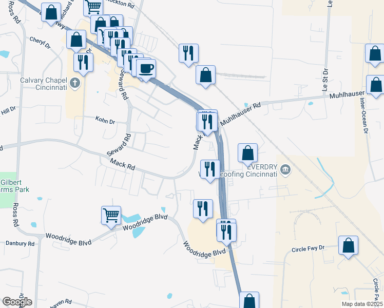 map of restaurants, bars, coffee shops, grocery stores, and more near 3942 Mack Road in Fairfield