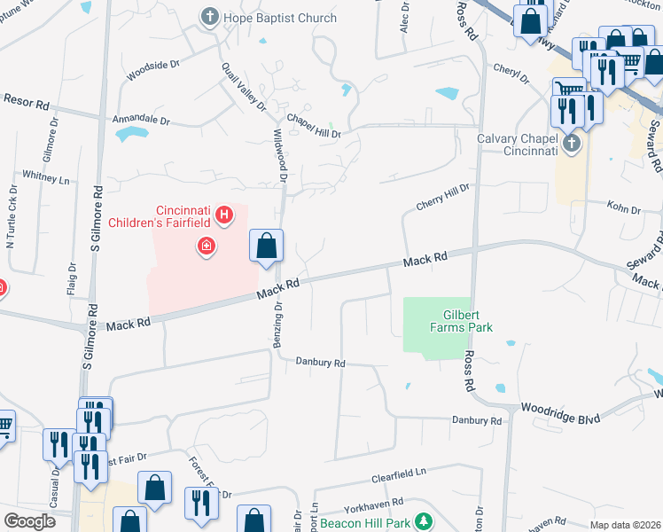 map of restaurants, bars, coffee shops, grocery stores, and more near 3434 Golfview Court in Fairfield